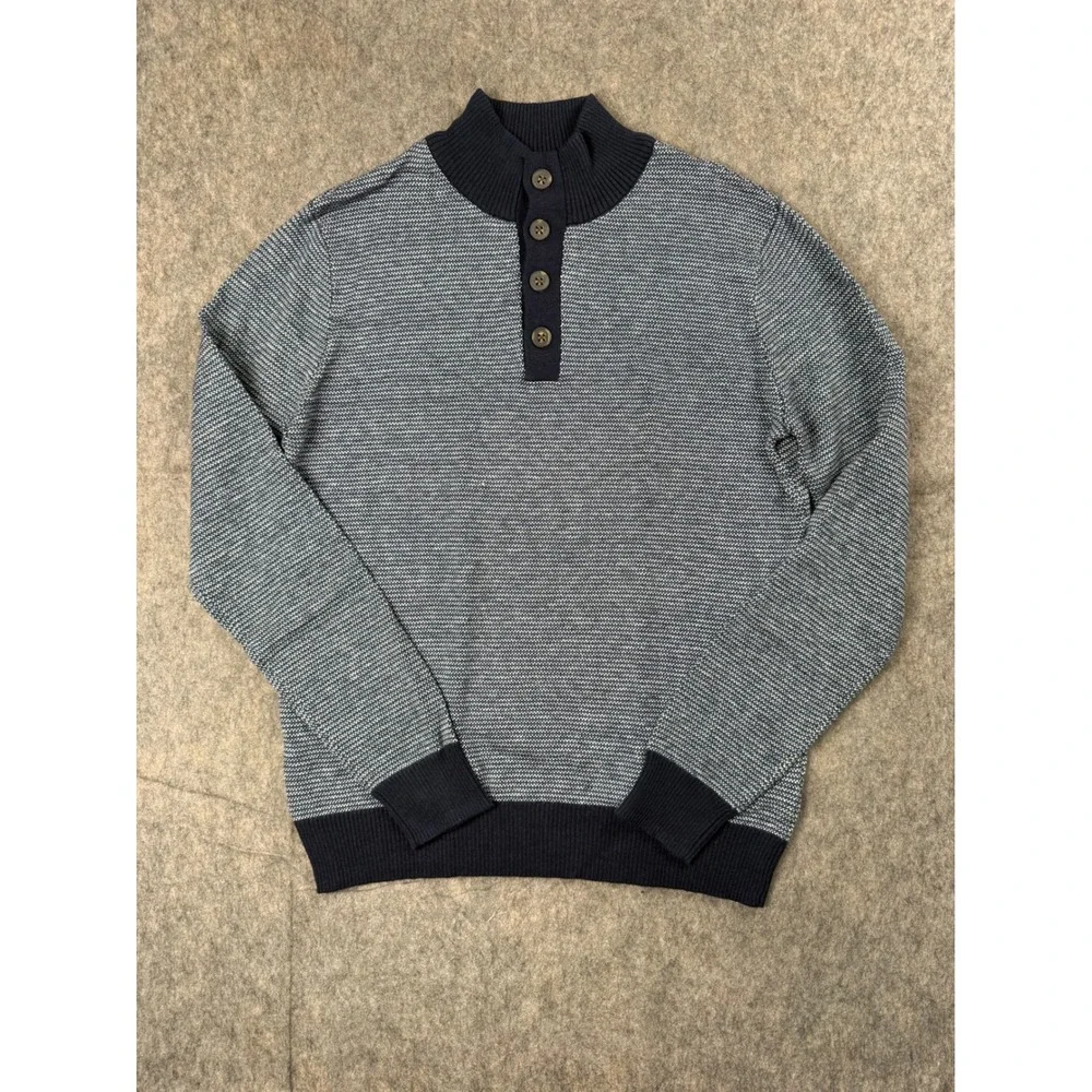 Hawker Rye Mens Cotton Cashmere Mock Neck Button Henley Sweater Navy Blue Small